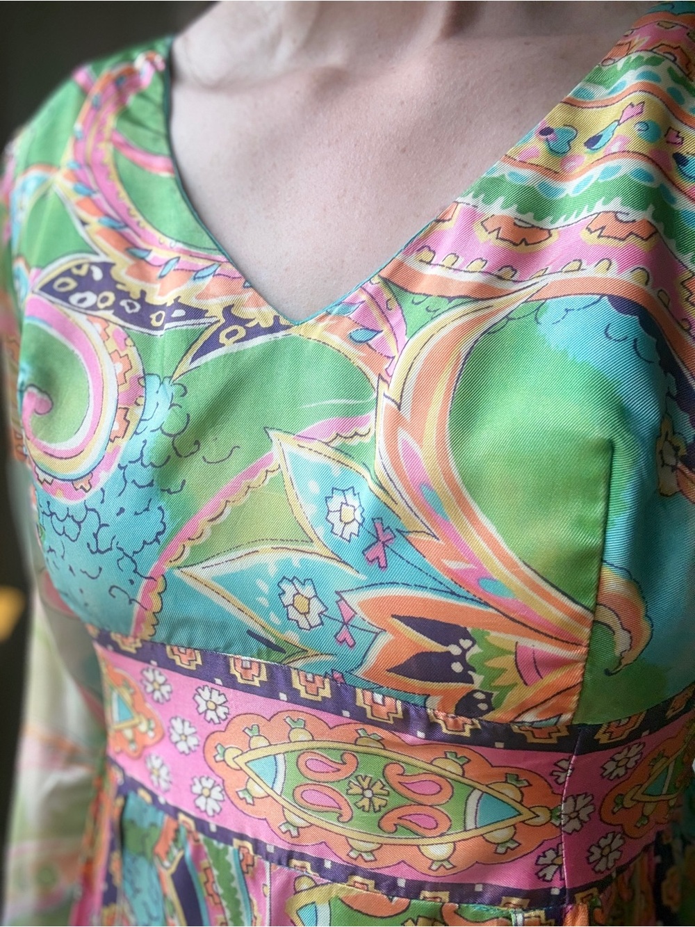 Vintage 60s Psychedelic Maxi Dress | Mod Paisley Empire Waist Gown | Size M - Picture 6 of 12